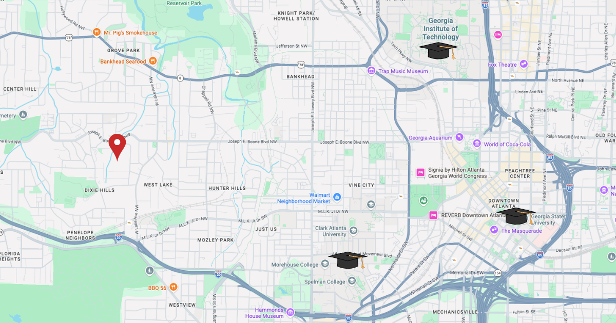 Map showing the rental location near Atlanta campuses